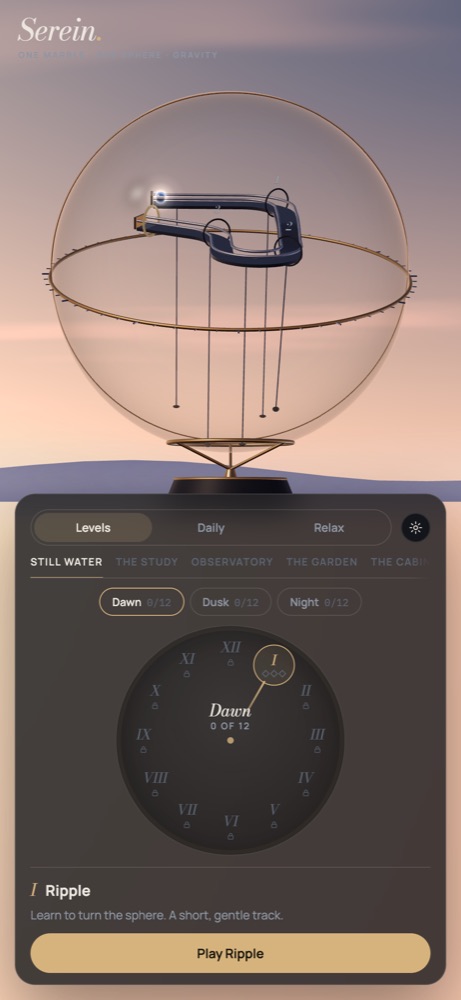 Serein's level menu: a glass sphere on a stand, with a clock-face chapter dial below.